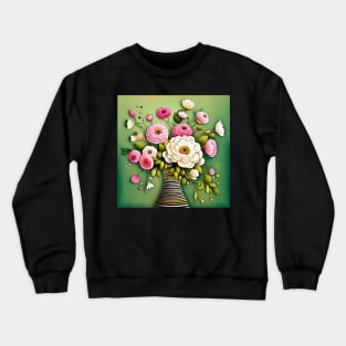 Pink and White Flowers in a Striped Vase Still Life Painting Crewneck Sweatshirt
